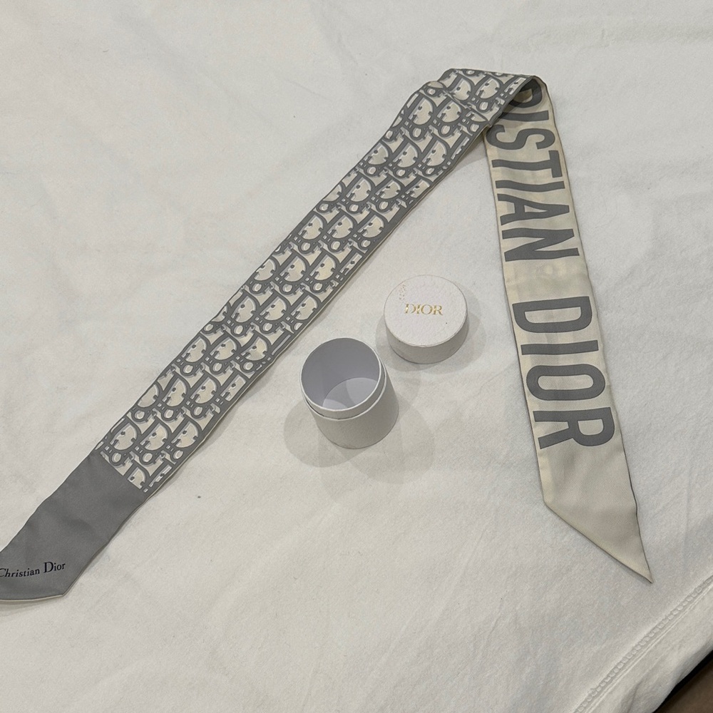 Dior Gray and Cream Twilly Scarf